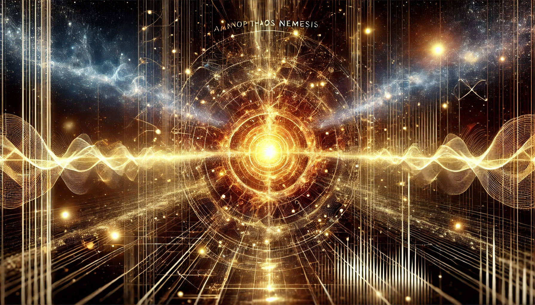 Original Agnophtharos Nemesis artwork: a golden pulse and waveforms in a field of stars
