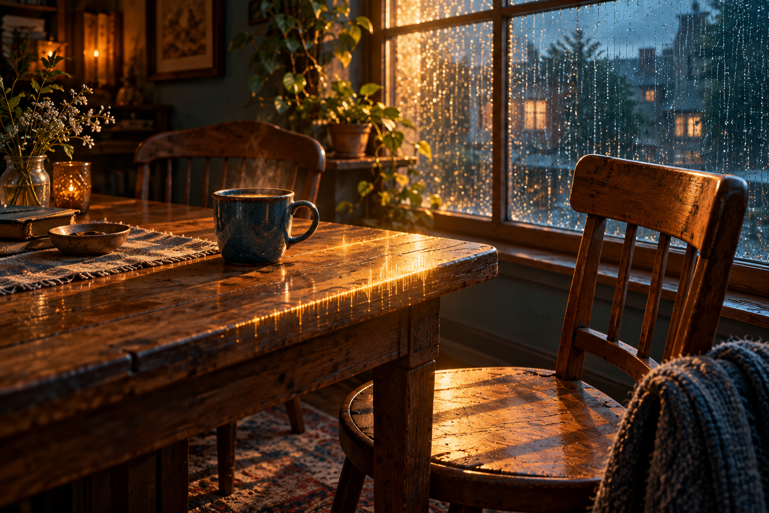 A blue cup and an open chair beside a rain-streaked window in warm light