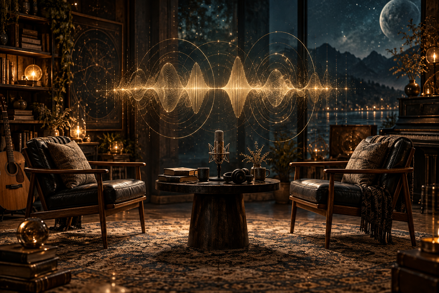 Two chairs and a microphone beneath a golden waveform in a quiet recording room