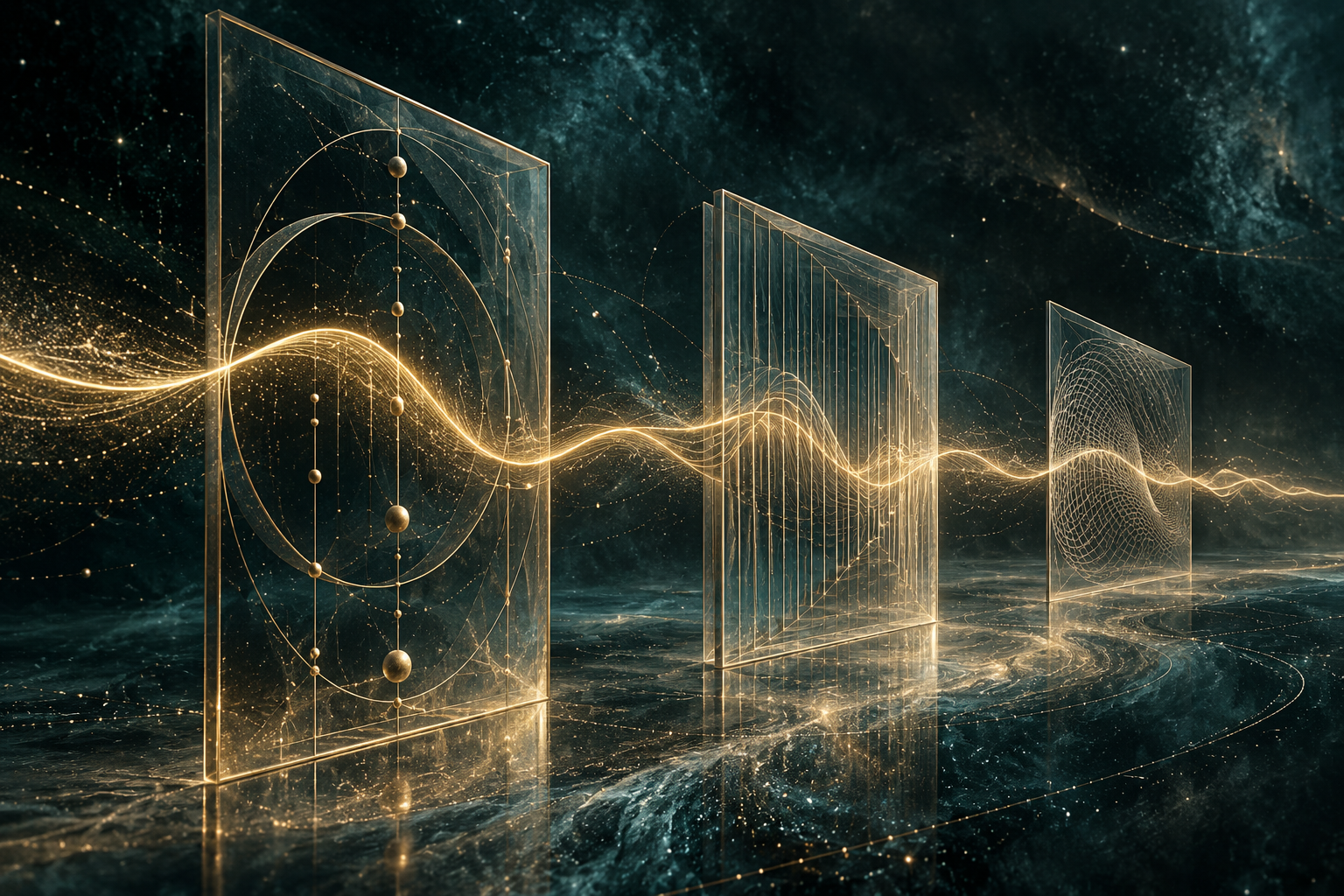 An unbroken golden thread passes through three changing geometric frames